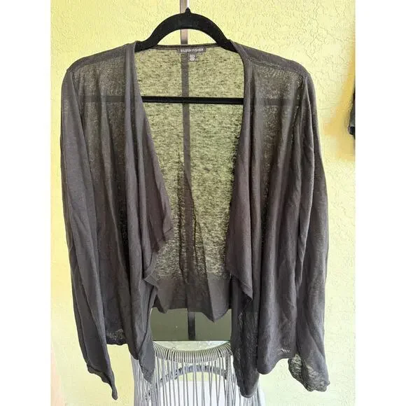 Eileen Fisher Cardigan Women Large Black Organic Linen Cotton Open Semi Sheer - Picture 1 of 5